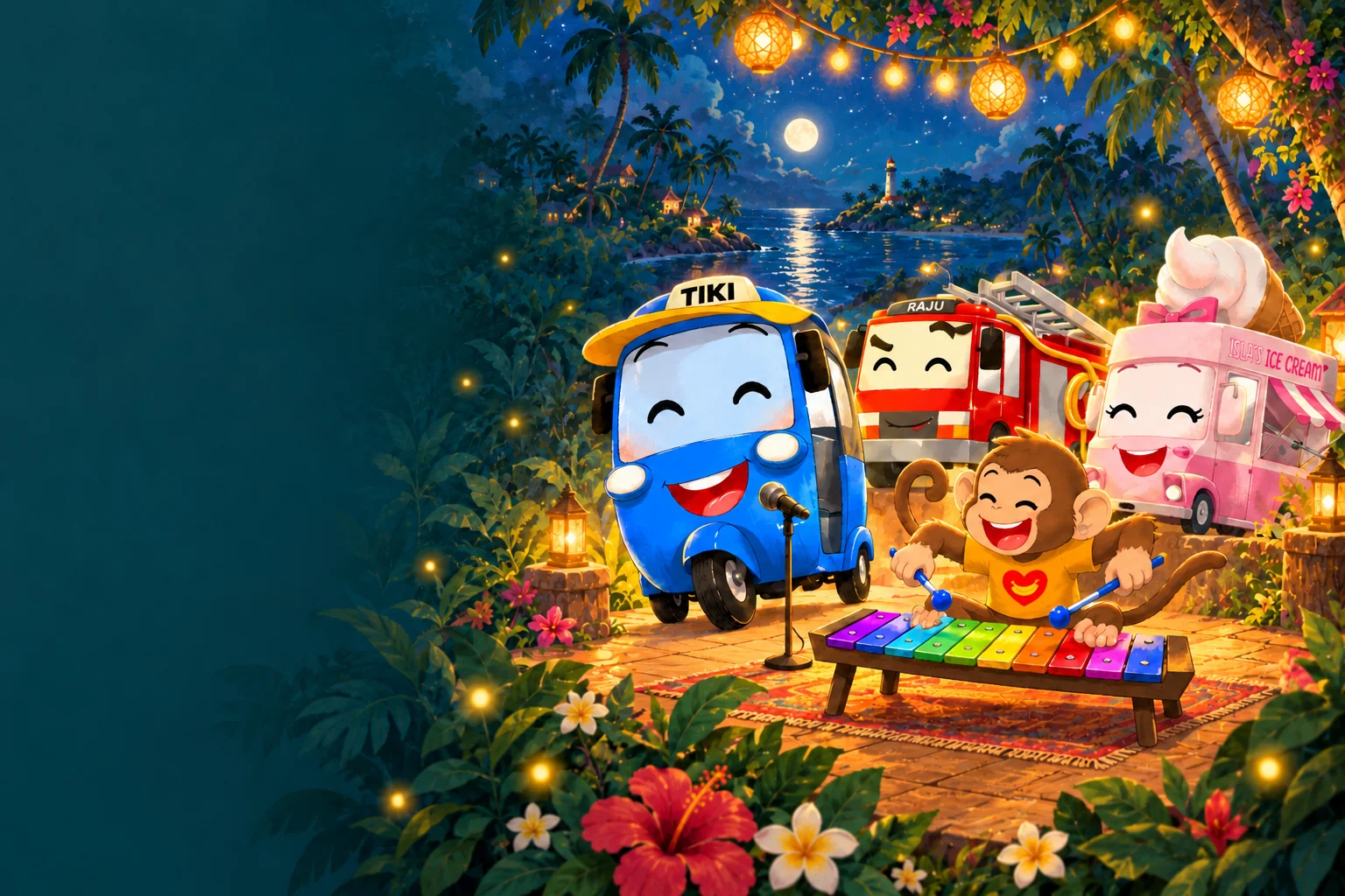 Tiki and friends performing together on an illustrated outdoor music stage