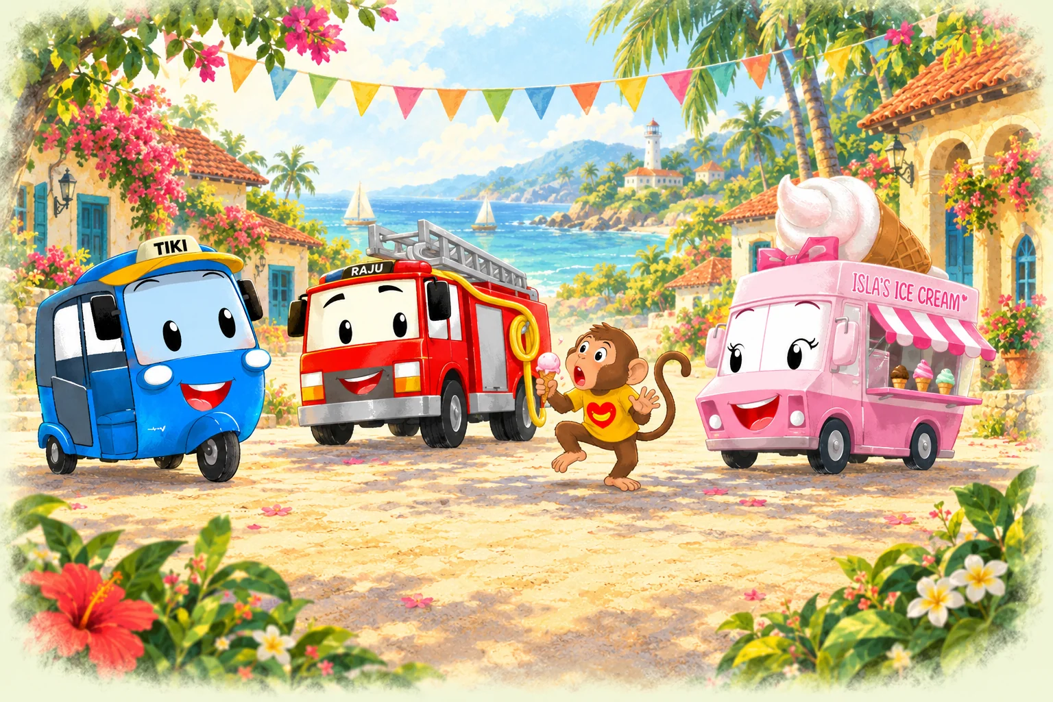 Tiki and friends together in their colourful illustrated village